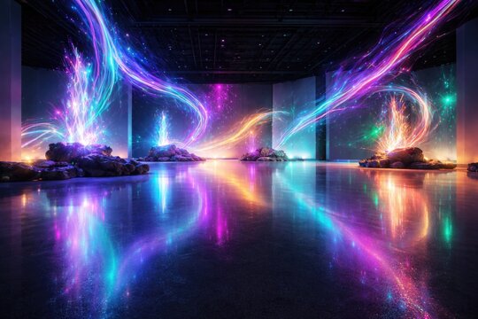 Augmented Reality Art Installation with LED Lighting Reflections in Dark Gallery