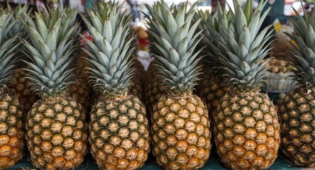 Fototapeta premium Tasty pineapples prepared for sale at outdoor vendor booth