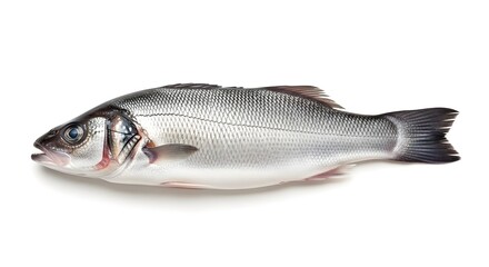 Fototapeta premium Fresh Raw Whole Sea Bass Fish Isolated on White Background for Healthy Cooking