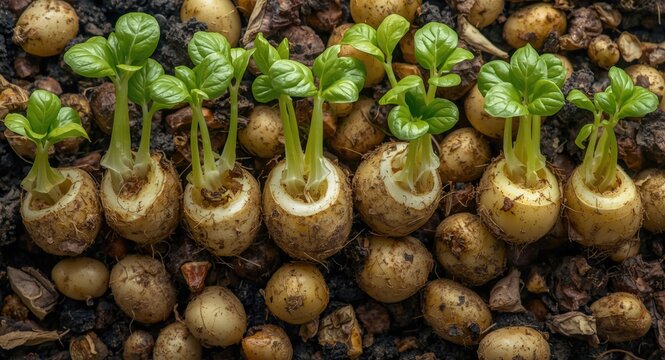 Top down capture of Charlotte salad seed potatoes showing sprouting chitting process