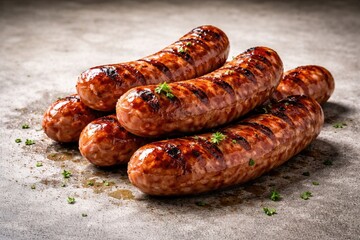 Fototapeta premium Close up of cooked sausages on smooth concrete surface with copy space