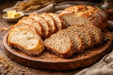 Naklejka premium Round loaf slices and organic cereal bread pieces served on wooden plate with homemade sliced bread side view