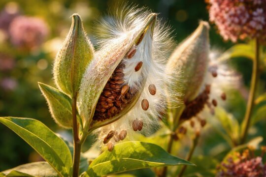 Close up of vibrant common milkweed follicles on a summer garden plant