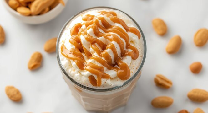Rich and smooth creamy beverage embellished with peanut butter drizzle
