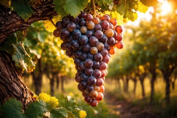 Fototapeta premium A ripe cluster of grapes growing on a vineyard vine ready for harvest