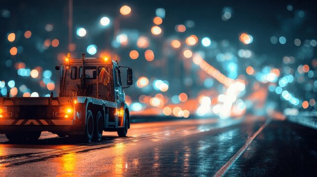 Roadside Assistance Service Operating at Night With a Tow Truck on a Highway Surrounded by Soft Light Patterns and a Dark Backdrop