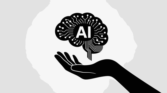A vector graphic illustration of a hand holding a brain with AI circuitry