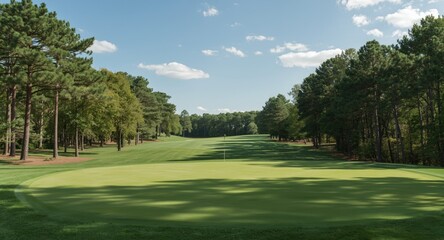 Obraz premium Clear sunny golf course view with lush green, flag and scenic trees creating copy space