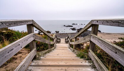 Fototapeta premium Wooden Stairway Descending Towards a Serene Ocean View on an Overcast Day.