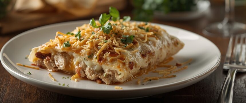 Tortilla layered chicken bake with creamy cheese topping and fresh herbs served with side elements
