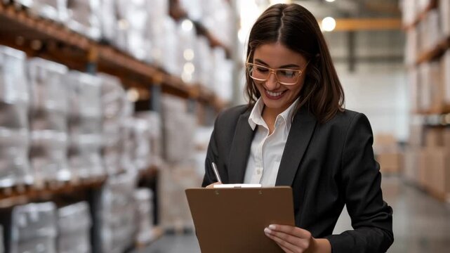 Businesswoman warehouse with clipboard inventory logistics checklist, suit and glasses, smiling manager writing notes checking