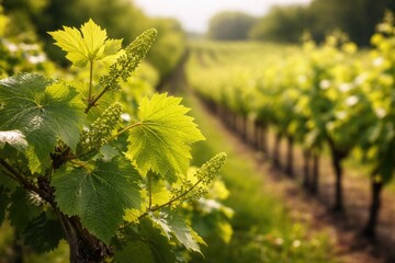 Fototapeta premium Fresh Spring Grapevine Foliage with Flower Buds in Sunlit Vineyard