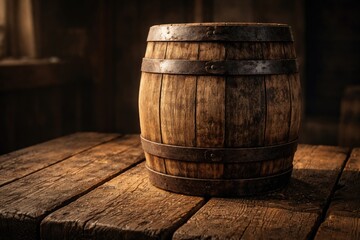 Fototapeta premium rustic wooden barrel sitting on a textured wooden table surface