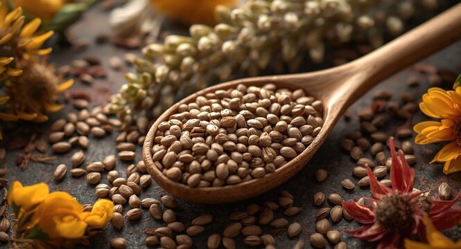 Spoon filled with camelina seeds demonstrating nutrition advantages including vitamin E and low cholesterol surrounded by floral and seed details