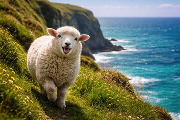 Fototapeta premium A joyful sheep exploring lush grass cliff with vibrant ocean background