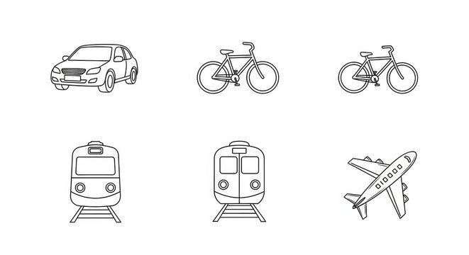 Collection of Transportation Icons: Car, Bicycle, Train, Airplane - Line Art Style