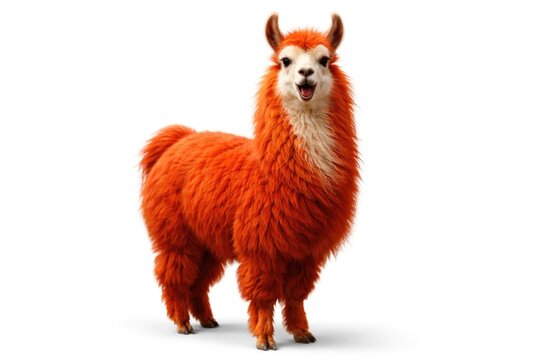 A joyful llama with vibrant red fur standing on a clean white background