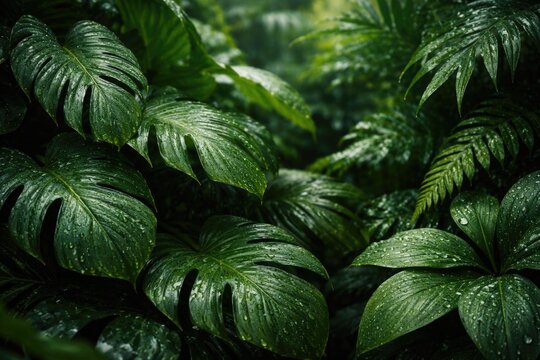 Lush green foliage background with water droplets and leafy texture