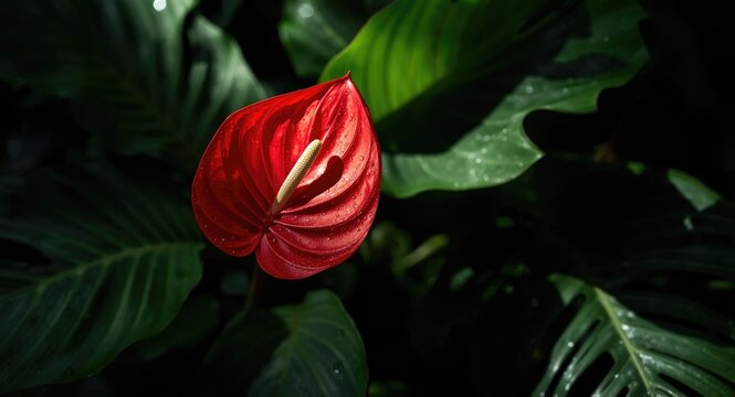 Vibrant anthurium flower in lush tropical leaf background