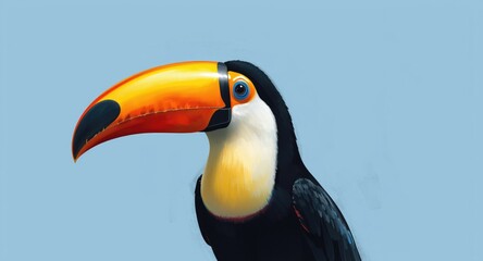 Fototapeta premium Expressive toucan drawing with bold colors and an emphasized beak set on a blue backdrop