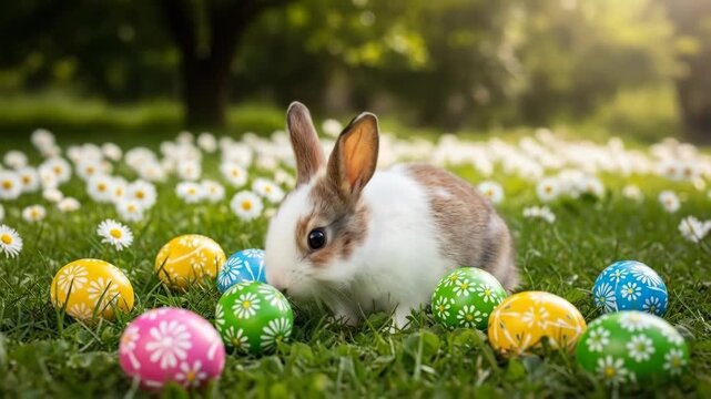 Adorable Easter Bunny with Decorated Eggs in a Spring Meadow Scene.