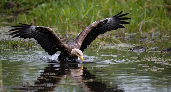 White tailed eagle focused on catching prey in a lush wetland pool environment