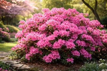Obraz premium Vibrant Pink Azalea Bush Blooming in Spring Garden