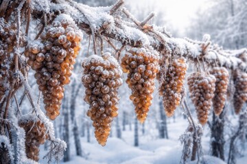 Fototapeta premium Frozen Grapevines Covered in Snow in Vineyard During Winter for Ice Wine Production