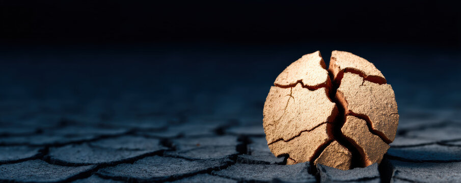 cracked, round dry earth ball sits on a parched, cracked soil surface under dim lighting, symbolizing drought and environmental stress.