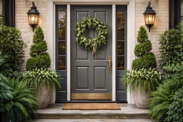 Fototapeta premium Gray Front Door Adorned with Green Wreath and Potted Plants in Elevated Entrance