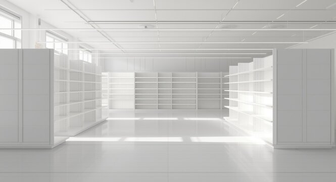 Unstocked shelving units in store backdrop with copy space for text included