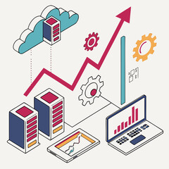 Fototapeta premium A computer and servers with a graph and gears showing data growth