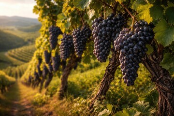 Fototapeta premium ripe black grape clusters hanging on vineyard slopes in summer