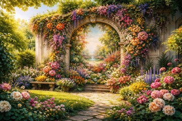 Fototapeta premium Vibrant floral wall art blending nature and architecture in a lush summer garden setting