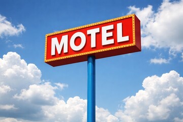 Fototapeta premium Rectangular motel sign in vibrant red perched on a tall electric blue pole under a bright sky with fluffy white clouds