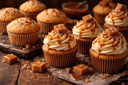 Tasty salted caramel cupcakes paired with fluffy vanilla muffins