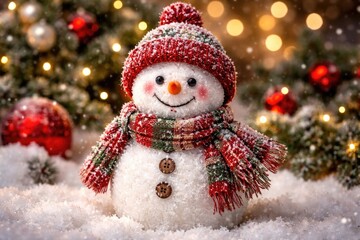 Fototapeta premium Adorable snowman figure smiling on a festive holiday background