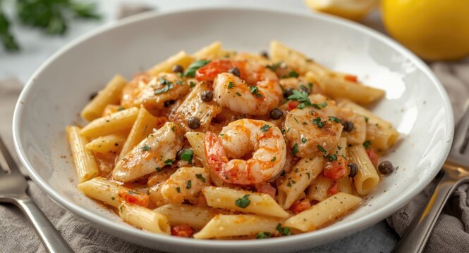 Wholesome penne pasta blended with juicy chicken and shrimp piccata enhanced by lemon and caper garnish