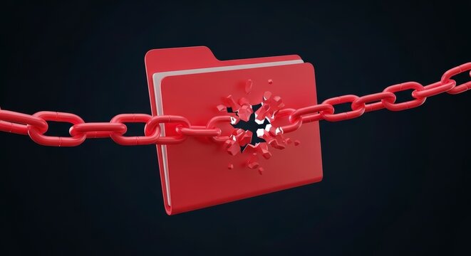 Red metal chain breaking through padlock.