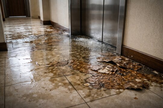 Water leakage causing floor damage near elevator door in building hallway
