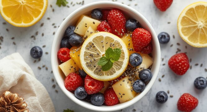 Vibrant fruit combo tossed with chia seeds and fresh lemon juice