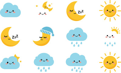 Fototapeta premium Cute weather characters vector set with sun moon clouds rain and night elements cartoon kawaii illustration collection