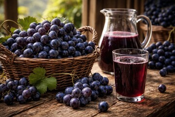 Fototapeta premium Fresh Dark Grapes and Juice on Rustic Wooden Table