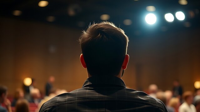 A lone listener in an auditorium, attentively focused under a soft spotlight from above.