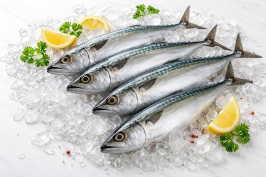 Fresh Indian mackerel fish displayed on crushed ice on a clean white table