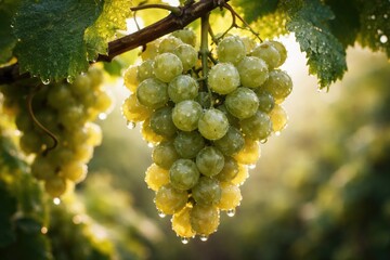 Fototapeta premium Detailed close-up of ripe grapes hanging on a vine with morning dew
