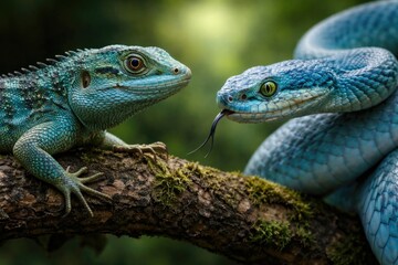 Obraz premium Closeup of blue insularis lizard on branch with poised blue viper snake