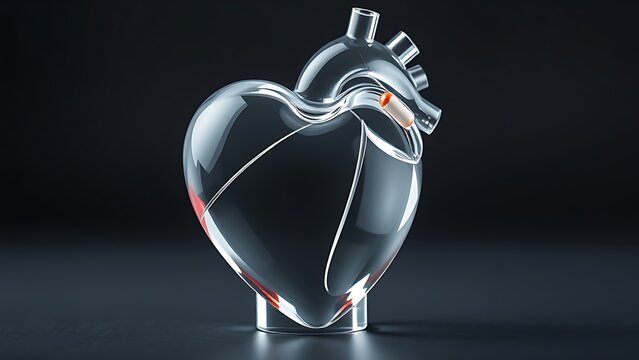 An abstract glass sculpture of a human heart, with a single statin pill balanced on its top.