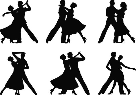 Elegant ballroom dance couple silhouettes set romantic pose collection flat vector