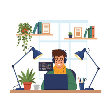 Vector illustration of a man with glasses and headphones coding on a laptop at a desk with two blue lamps, indoor plants, and shelves in a home office setting.